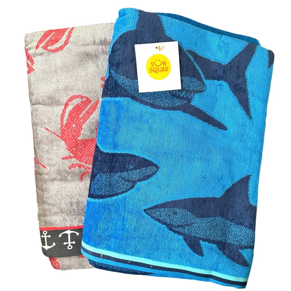 Sun Squad 2-Pack Beach Towels Blue Shark & Gray Crab Print 36"x72" 100% Cotton